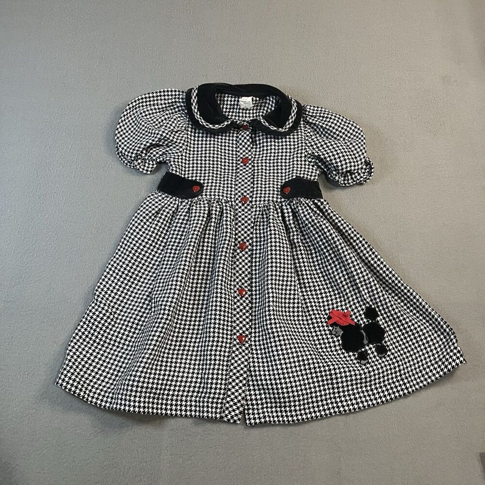 Vintage Houndstooth Poodle Applique Black White Dress Girls Size 6 50s Inspired